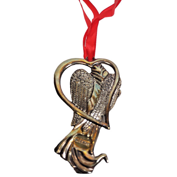 VTG Lenox Silver Plated Angel Christmas Ornament HOPE w Red Ribbon 3.25” - Picture 2 of 6